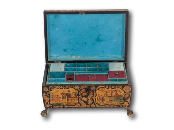Front of the Regency Penwork Sewing Box with the lid up