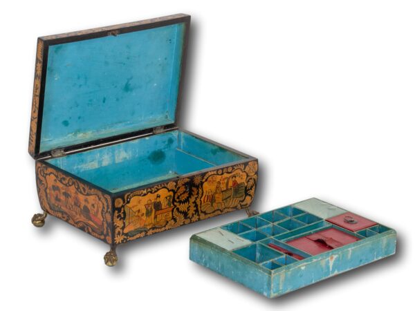 Front of the Regency Penwork Sewing Box with the lid up and tray removed