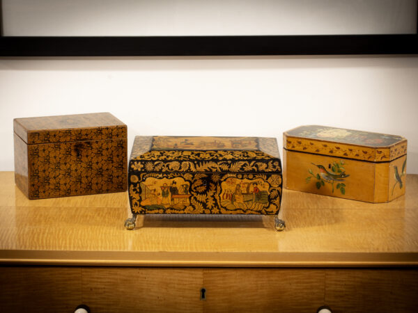 View of the Regency Penwork Sewing Box in a decorative setting