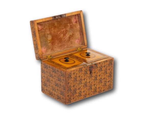 Front overview of the Scottish Mauchline Ware Tea Caddy with the lid up