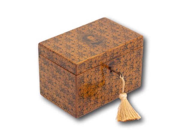 Front overview of the Scottish Mauchline Ware Tea Caddy with the key fitted
