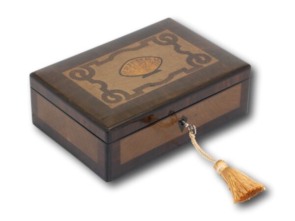 Front overview of the Continental Palm Coconut Wood Box with the key fitted