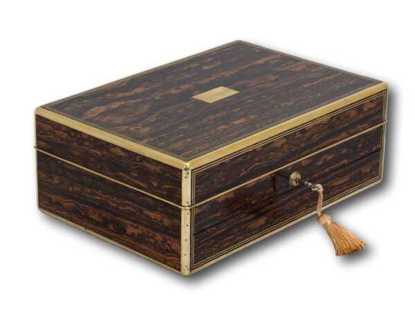 Front overview of the Unusual Calamander Jewellery Box with the key fitted