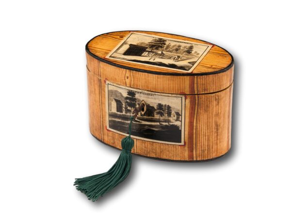 Front overview of the Antique Oval Spa Tea Caddy with the key fitted