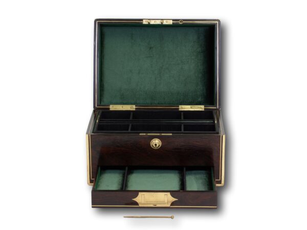 Front overview of the Antique Rosewood Jewellery Box with the lid up and the drawer opened