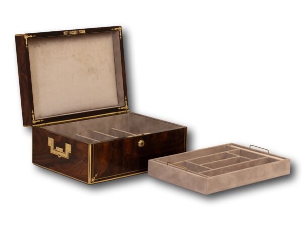 Front overview of the Antique Rosewood Jewellery Box by Edwards with the lid up and the tray removed