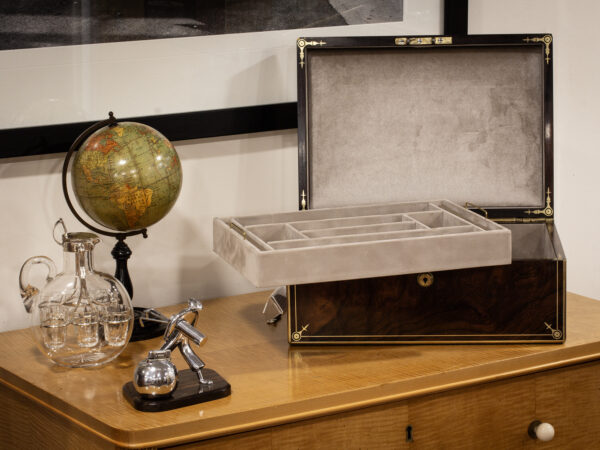 Overview of the Antique Rosewood Jewellery Box by Edwards in a decorative setting