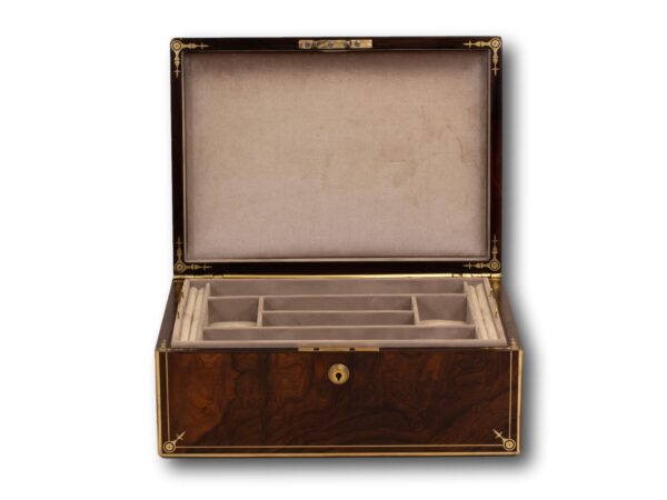 Front of the Antique Rosewood Jewellery Box by Edwards with the lid up