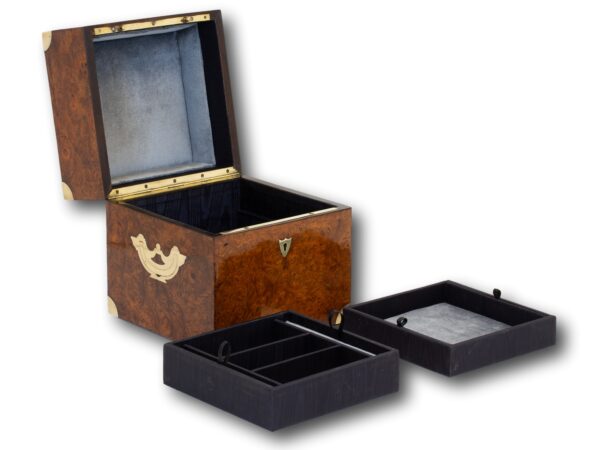 Overview of the Antique Burr Walnut Jewellery Box with the trays removed