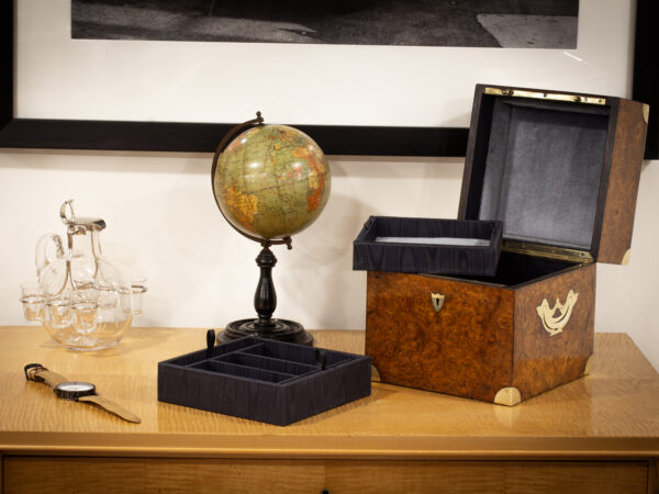 Overview of the Antique Burr Walnut Jewellery Box in a decorative setting