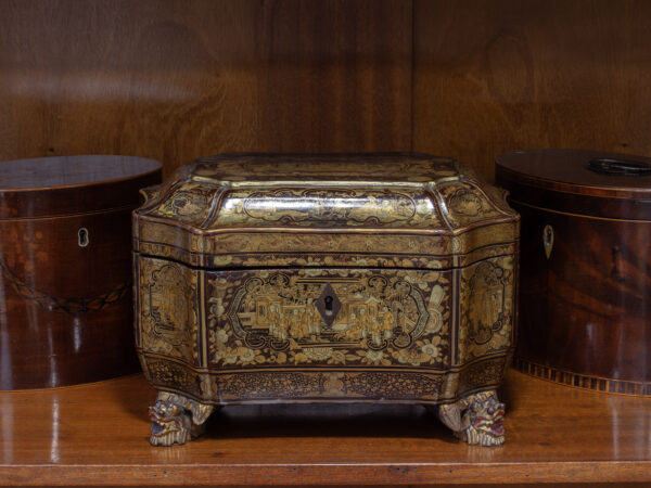 Front of the Chinese Export Lacquer Tea Chest in a collectors setting