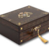 Front overview of the Coromandel and Mother of Pearl Jewellery Box with the key fitted
