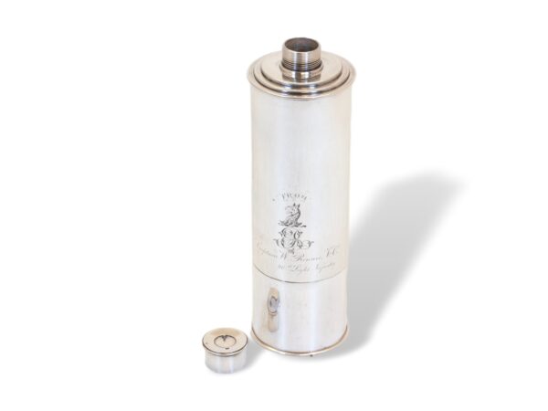 Front overview of the Novelty Silver Plate Telescope Flask with the lid removed