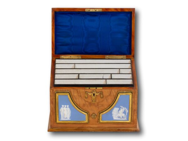 Front of the Satinwood and Biscuit Porcelain Stationery Box with the lid up