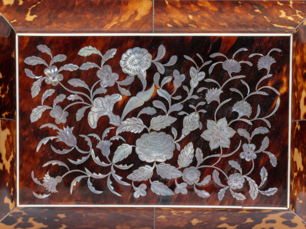 Close up of the top of the Tortoiseshell and Mother of Pearl Sewing Box