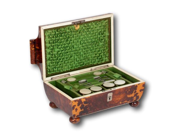 Font overview of the Tortoiseshell and Mother of Pearl Sewing Box with the lid up