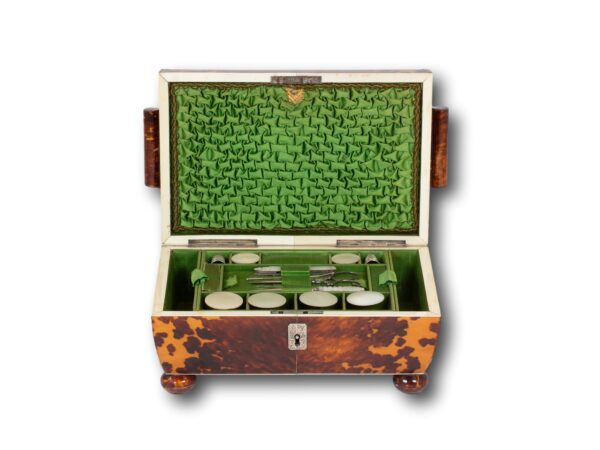Font overview of the Tortoiseshell and Mother of Pearl Sewing Box with the lid up