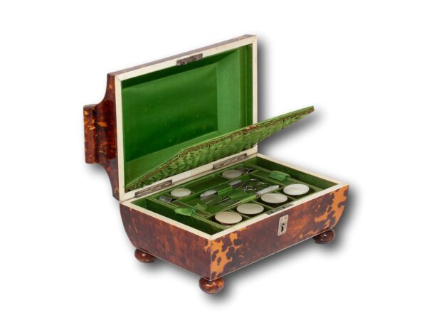 Font overview of the Tortoiseshell and Mother of Pearl Sewing Box with the lid up and storage compartment dropped down