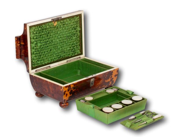 Font overview of the Tortoiseshell and Mother of Pearl Sewing Box with the lid up and tool tray removed