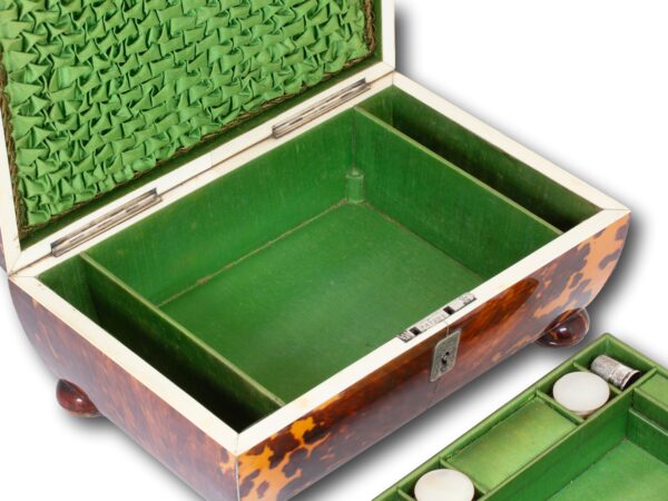 Close up of the inner storage on the Tortoiseshell and Mother of Pearl Sewing Box