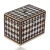 Front overview of the Tortoiseshell and Mother of Pearl Harlequin Tea Caddy