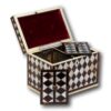Front overview of the Tortoiseshell and Mother of Pearl Harlequin Tea Caddy with the lid up and caddy lids placed decoratively