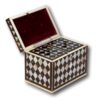 Front overvierw of the Tortoiseshell and Mother of Pearl Harlequin Tea Caddy with the lid up