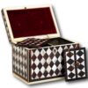 Front overview of the Tortoiseshell and Mother of Pearl Harlequin Tea Caddy with the lid up and caddy lids placed decoratively