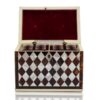 Front of the Tortoiseshell and Mother of Pearl Harlequin Tea Caddy with the lid up