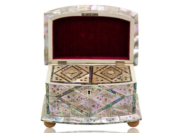 Front of the Mother of Pearl Bow Fronted Tea Caddy with the lid up