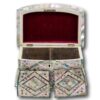 Front of the Mother of Pearl Bow Fronted Tea Caddy with the lid up and caddy lids removed