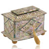 Front overview of the Mother of Pearl Bow Fronted Tea Caddy with the key inserted