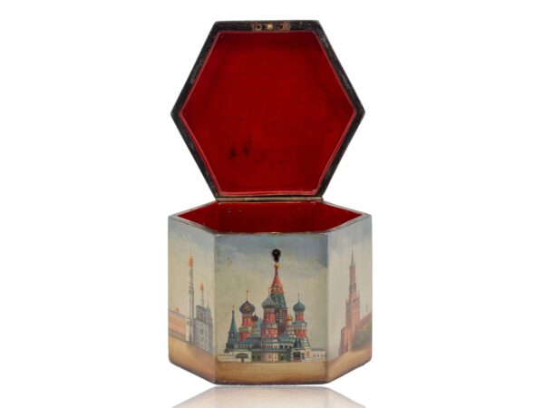 View of the Russian Papier Mache Tea Caddy with the lid up