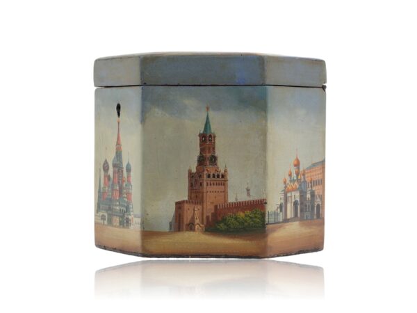 Side overview of the Russian Papier Mache Tea Caddy