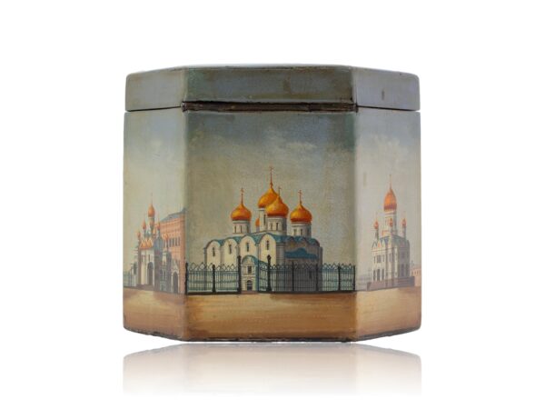 Side overview of the Russian Papier Mache Tea Caddy