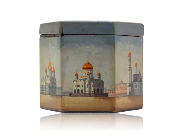 Side overview of the Russian Papier Mache Tea Caddy