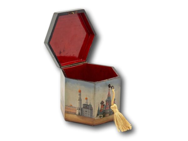 View of the Russian Papier Mache Tea Caddy with the lid up and key inserted
