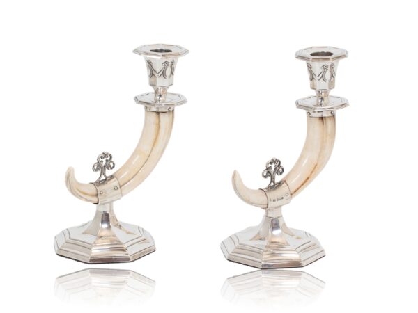 Rear overview of the Silver Mounted Boar Tusk Candlesticks John Rodgers