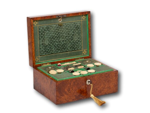 Front of the Amboyna Sewing Box with the lid up