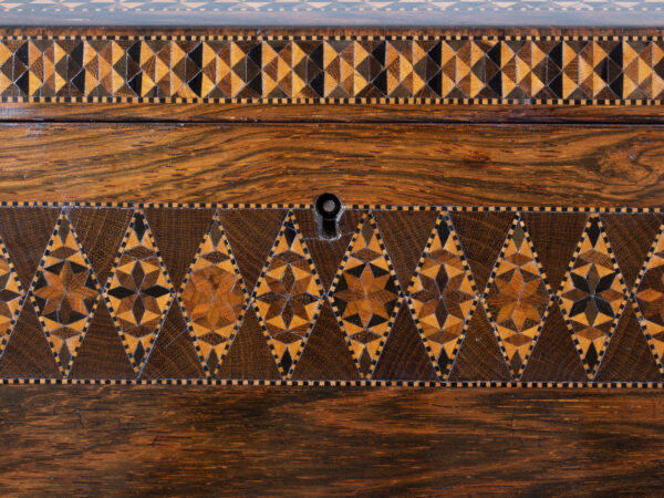 Close up of the inlay in the Tunbridge Ware Sewing Box