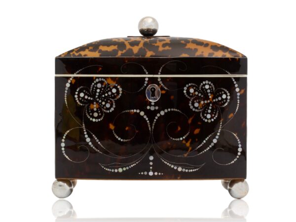 Front of the Bow Front Tortoiseshell and Mother of Pearl Tea Caddy