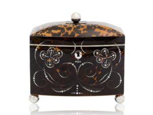 Front overview of the Bow Front Tortoiseshell and Mother of Pearl Tea Caddy