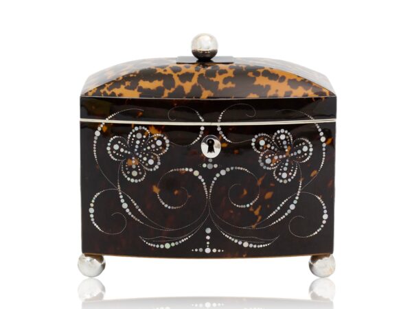 Front overview of the Bow Front Tortoiseshell and Mother of Pearl Tea Caddy