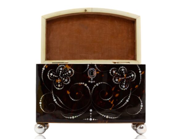 Front of the Bow Front Tortoiseshell and Mother of Pearl Tea Caddy with the lid up