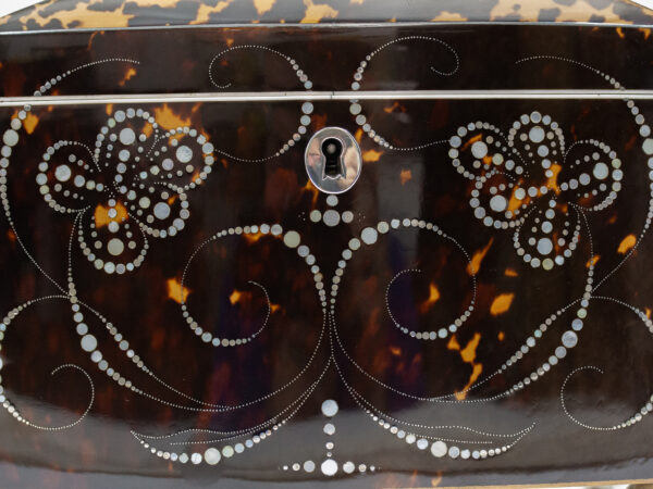 Close up of the Bow Front Tortoiseshell and Mother of Pearl Tea Caddy
