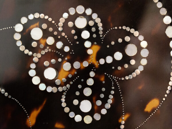 Close up of the Bow Front Tortoiseshell and Mother of Pearl Tea Caddy