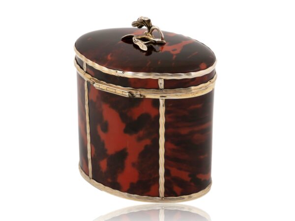 Rear overview of the Silver Gilt Oval Red Tortoiseshell Tea Caddy