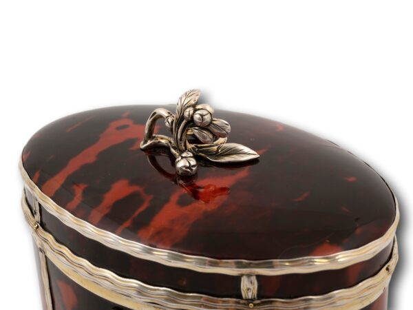 Close up of the lid on the Silver Gilt Oval Red Tortoiseshell Tea Caddy