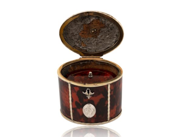 Front of the Silver Gilt Oval Red Tortoiseshell Tea Caddy with the lid open