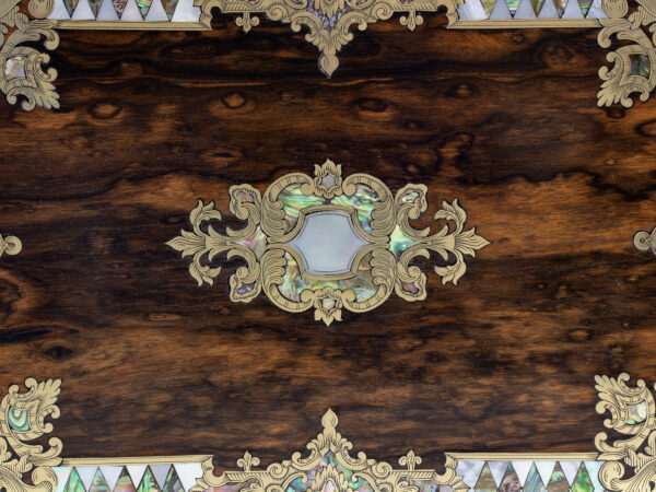 Close up of the lid on the Coromandel Inlaid Sewing Box John Turrill